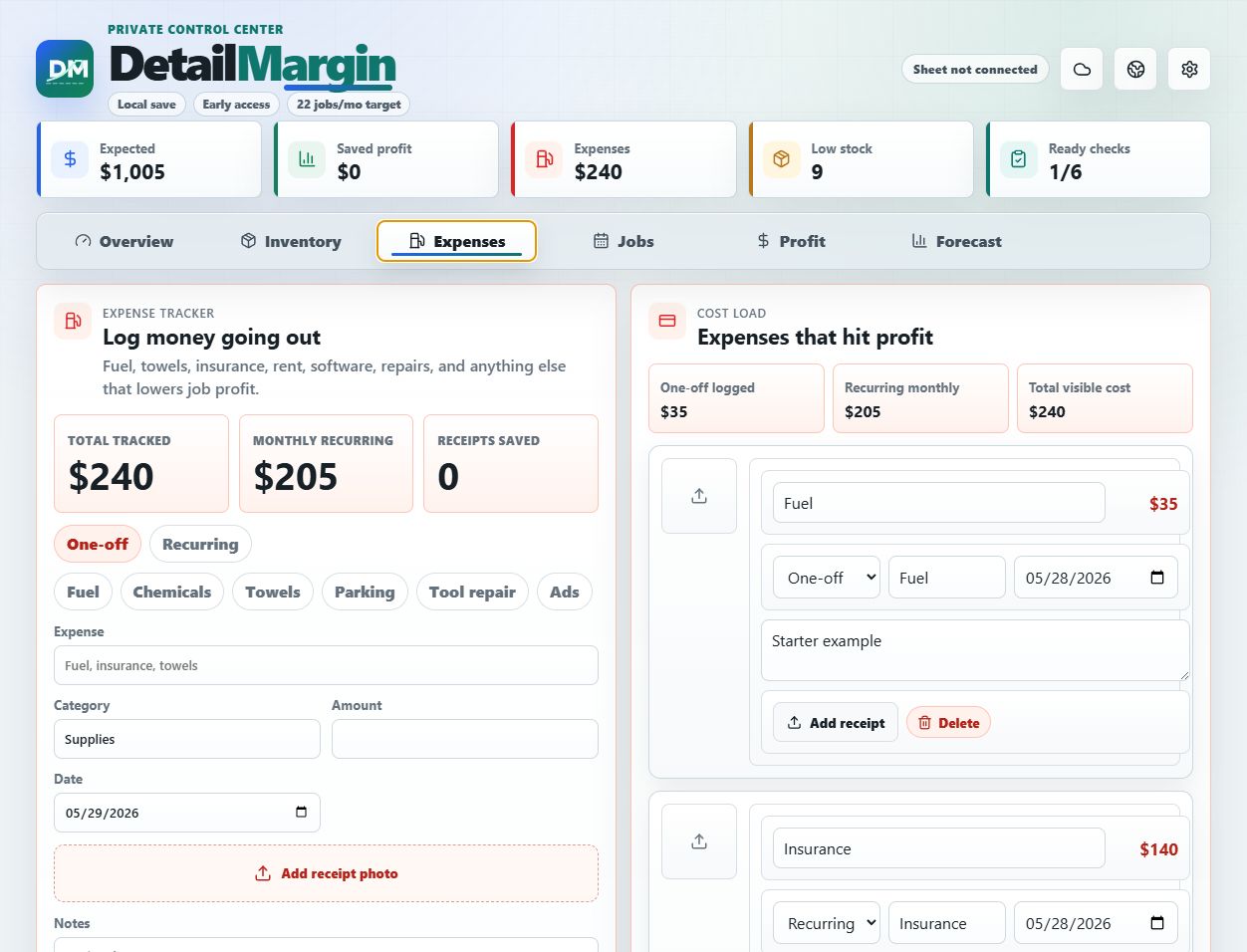 DetailMargin expenses area with receipt upload and cost tracking