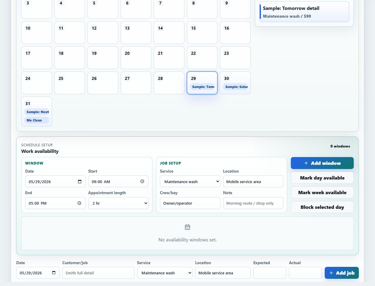 DetailMargin schedule setup for working days and time windows