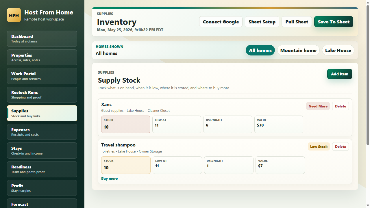 Inline supply stock controls inside Host From Home