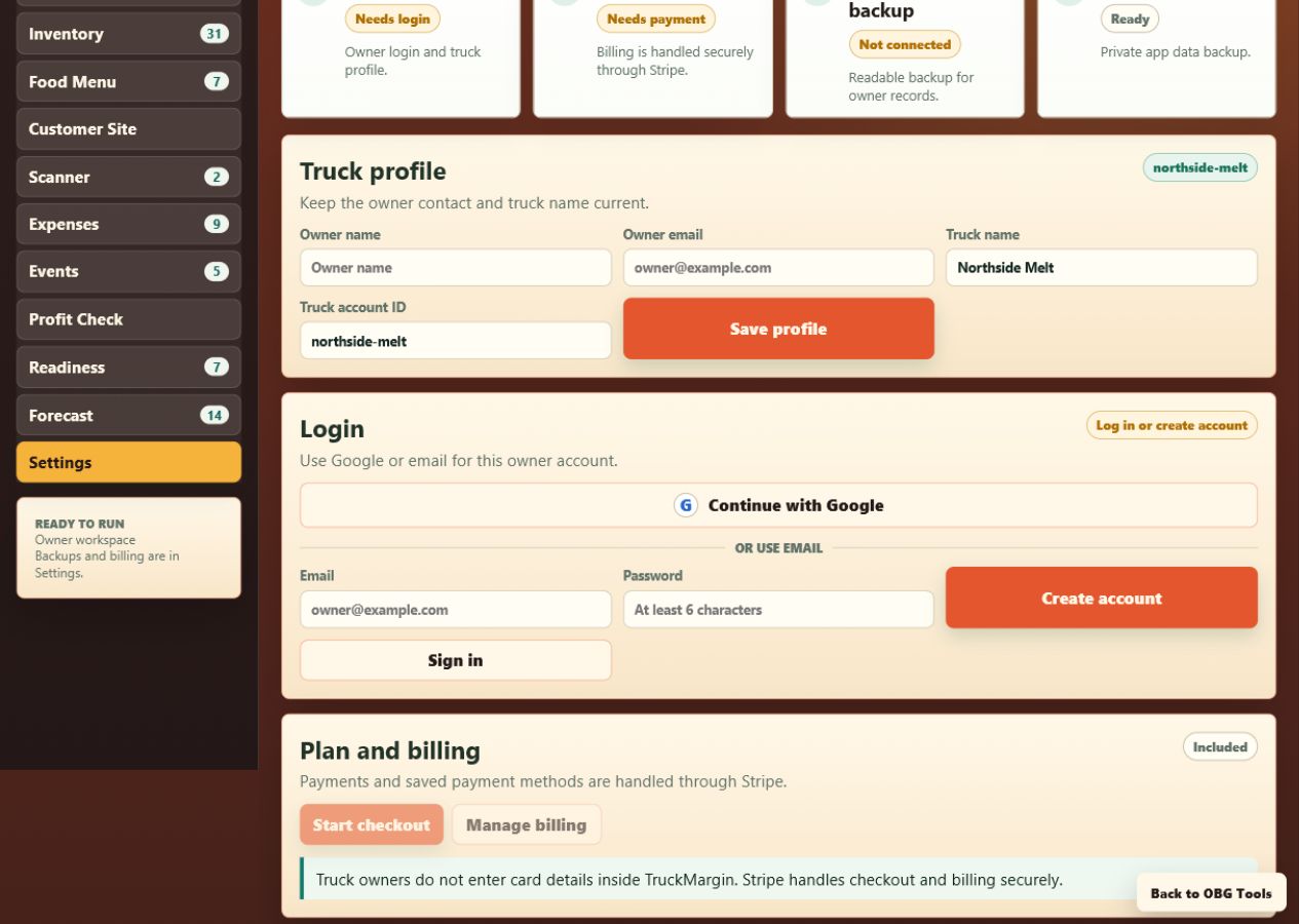 TruckMargin settings view with backup, billing, and account controls
